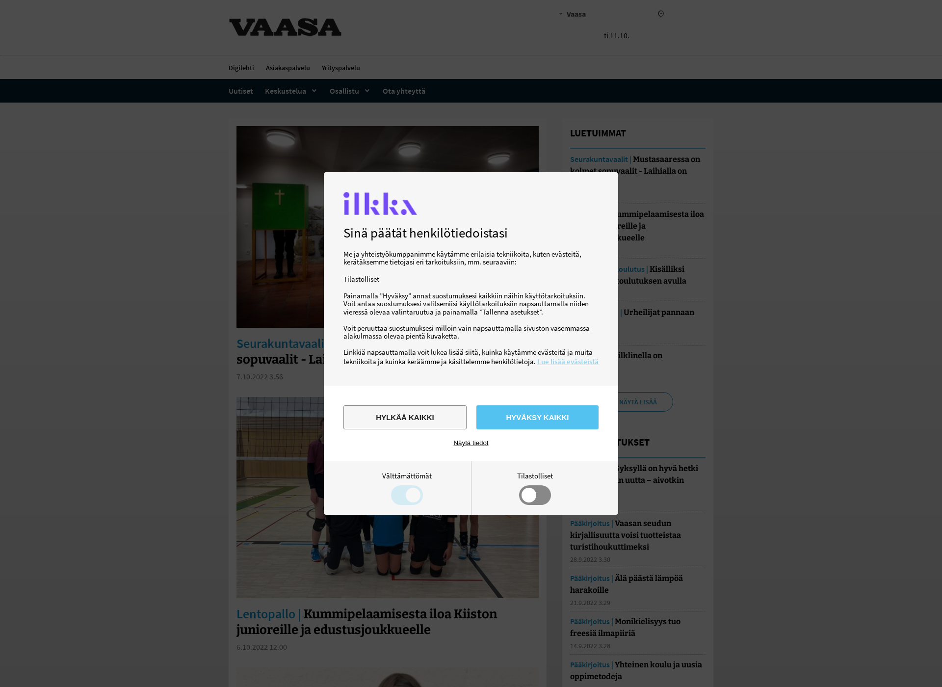 Skärmdump för vaasalehti.fi
