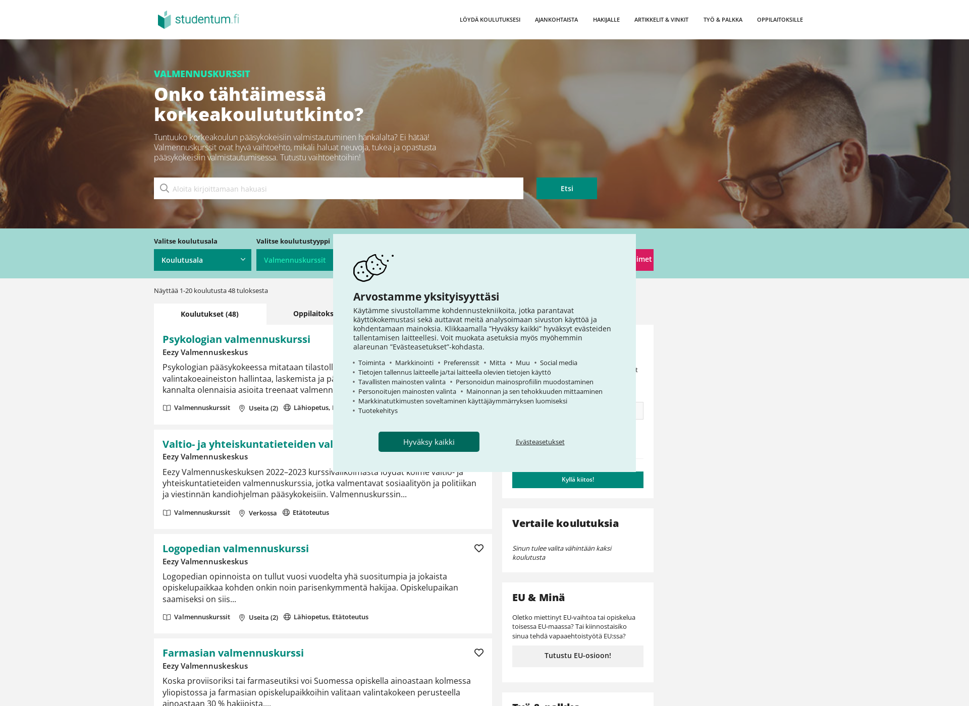 Skärmdump för valmennuskurssille.fi