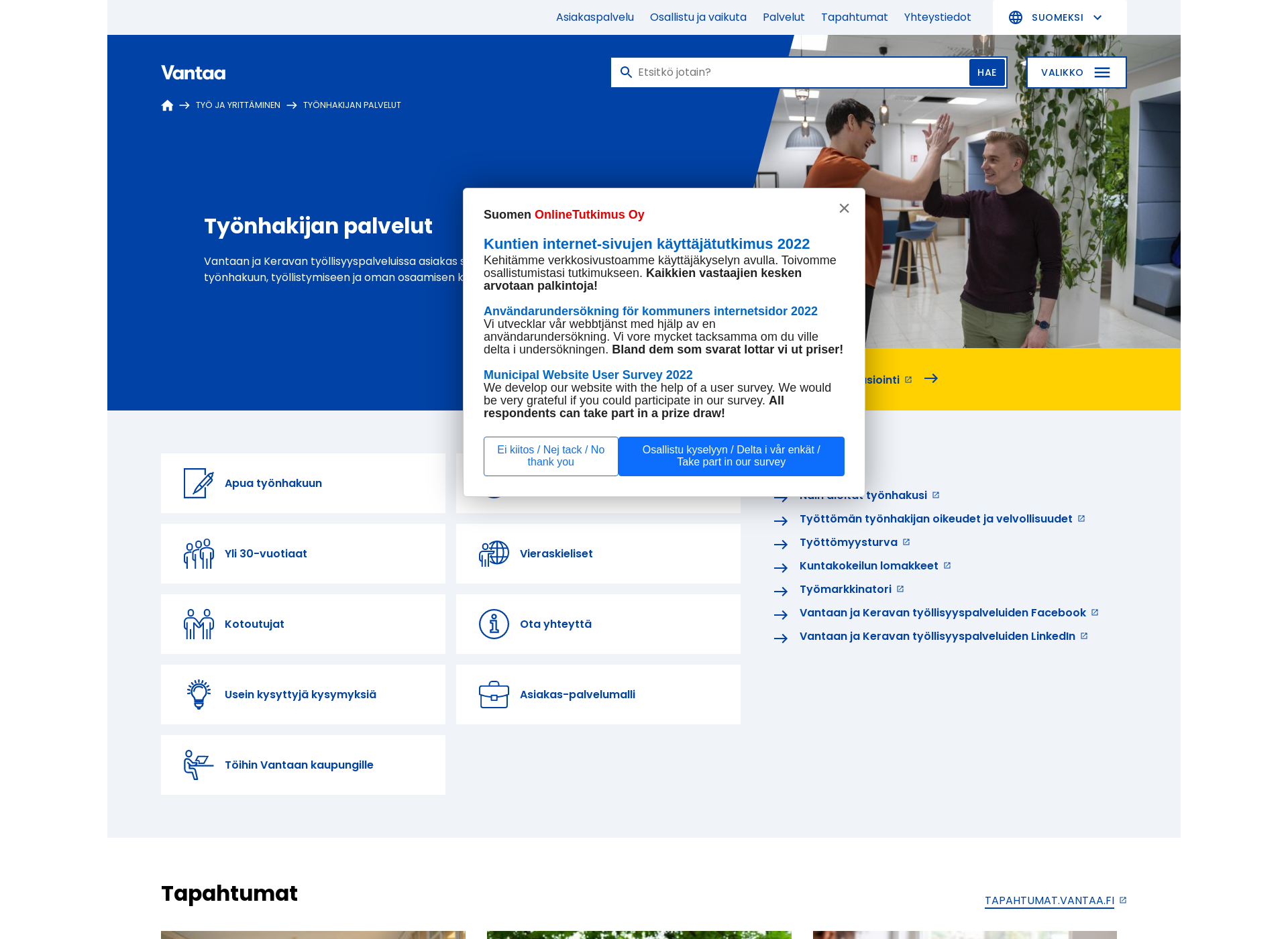 Screenshot for vantaanjakeravantyöllisyyspalvelut.fi