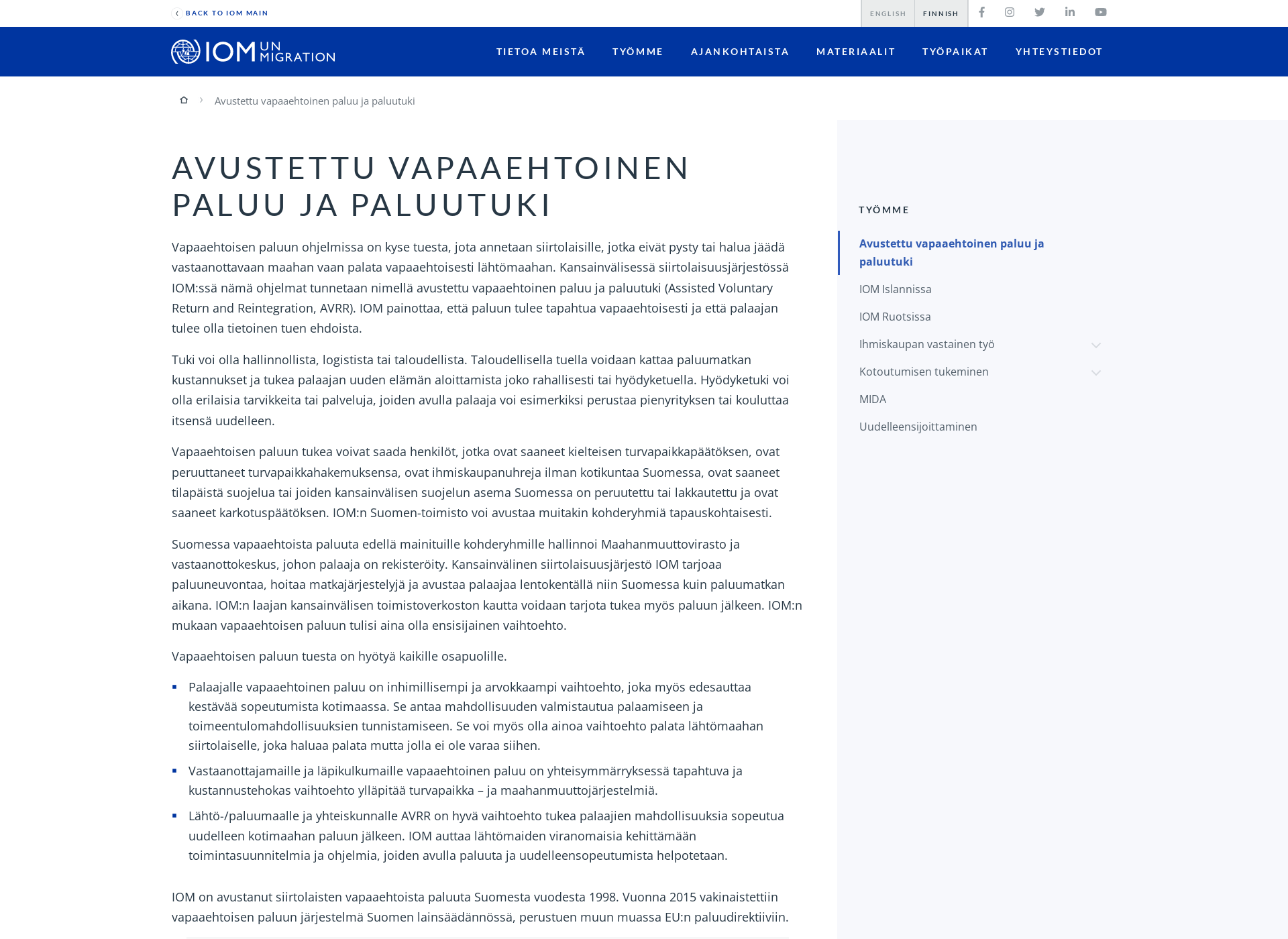 Skärmdump för vapaaehtoinenpaluu.fi