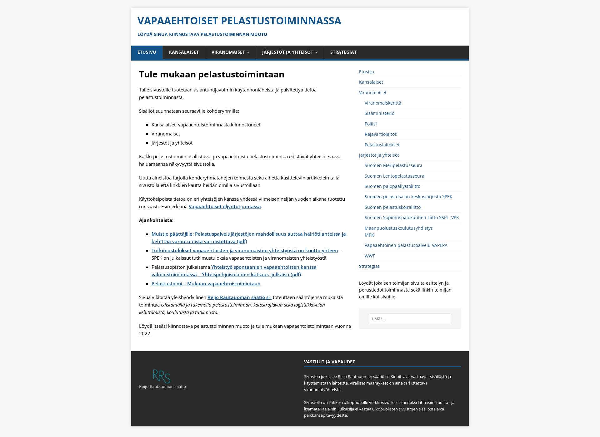 Skärmdump för vapaaehtoisetpelastustoiminnassa.fi