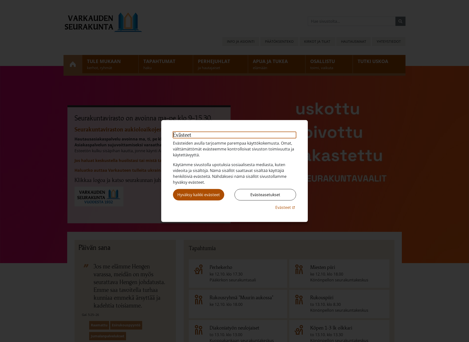 Skärmdump för varkaudenseurakunta.fi