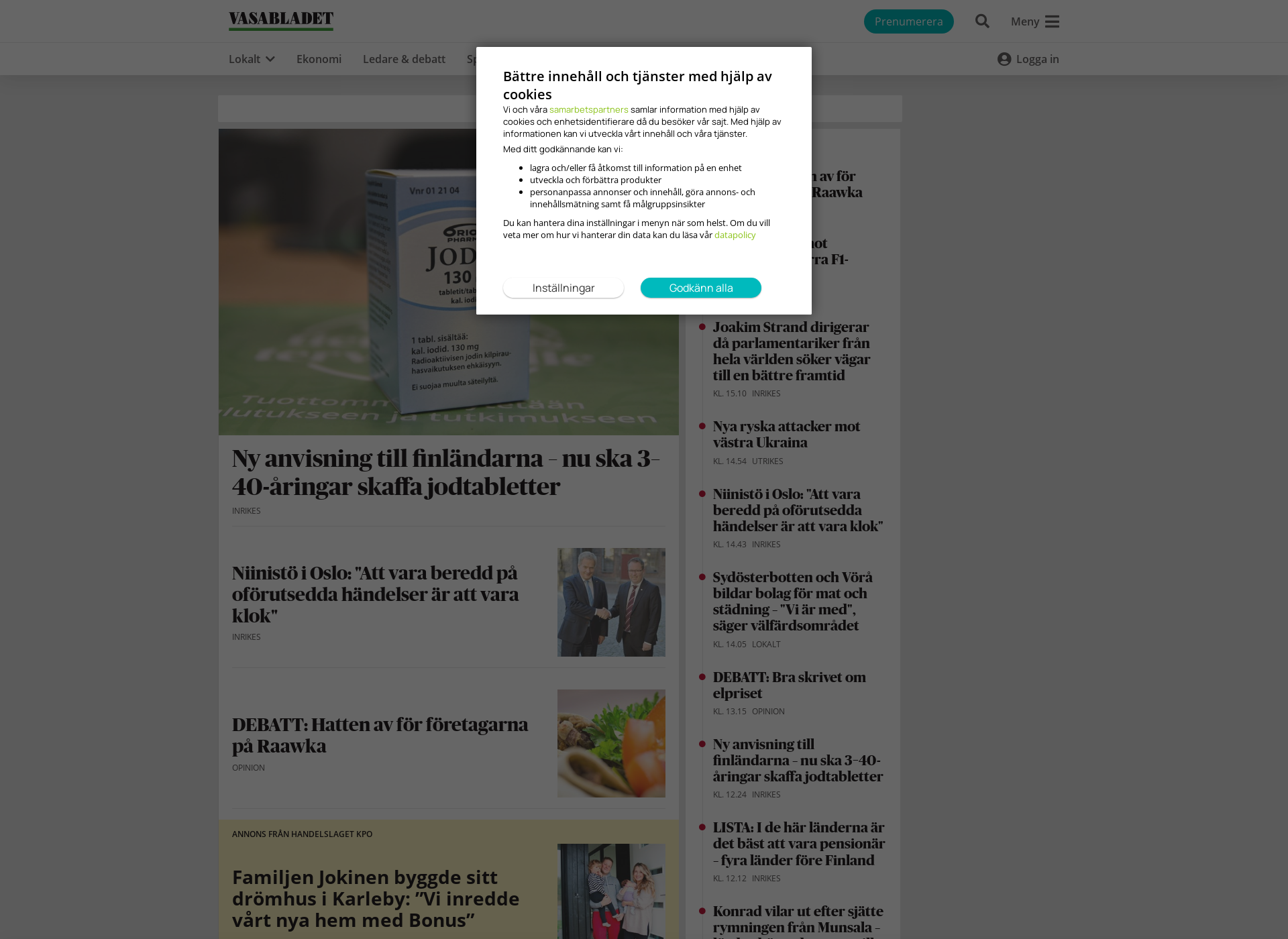 Skärmdump för vasabladet.fi