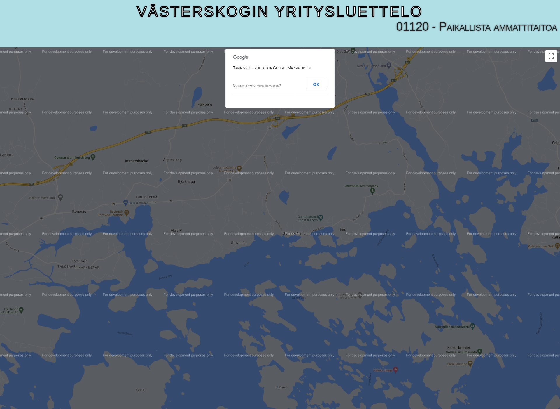 Skärmdump för vasterskog.fi