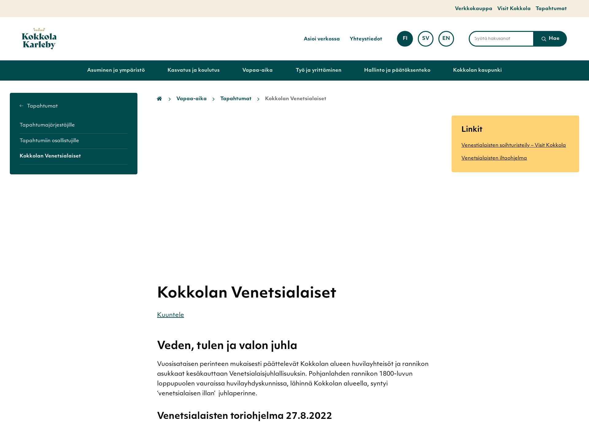 Skärmdump för venetsialaiset.fi