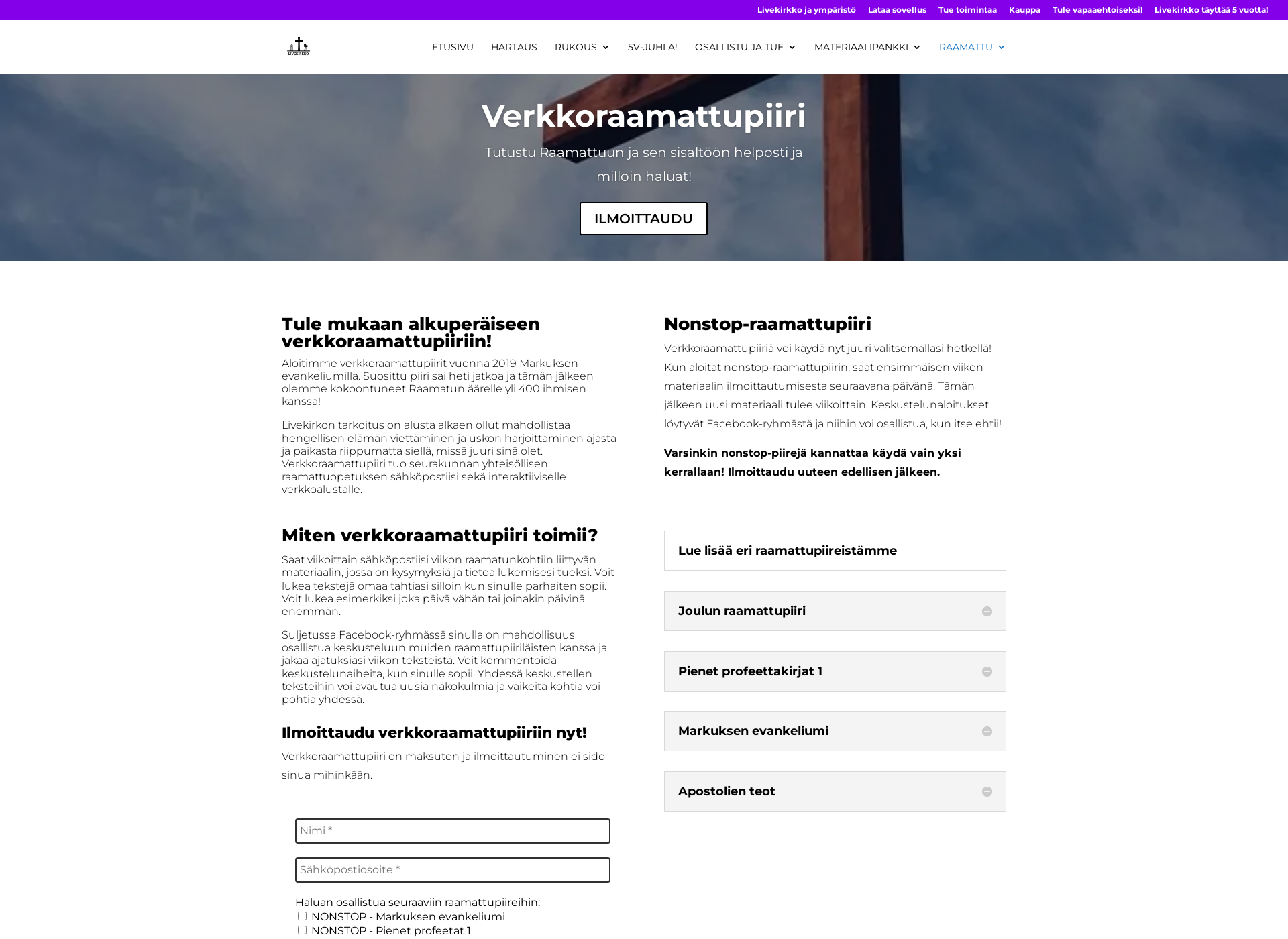 Skärmdump för verkkoraamattupiiri.fi