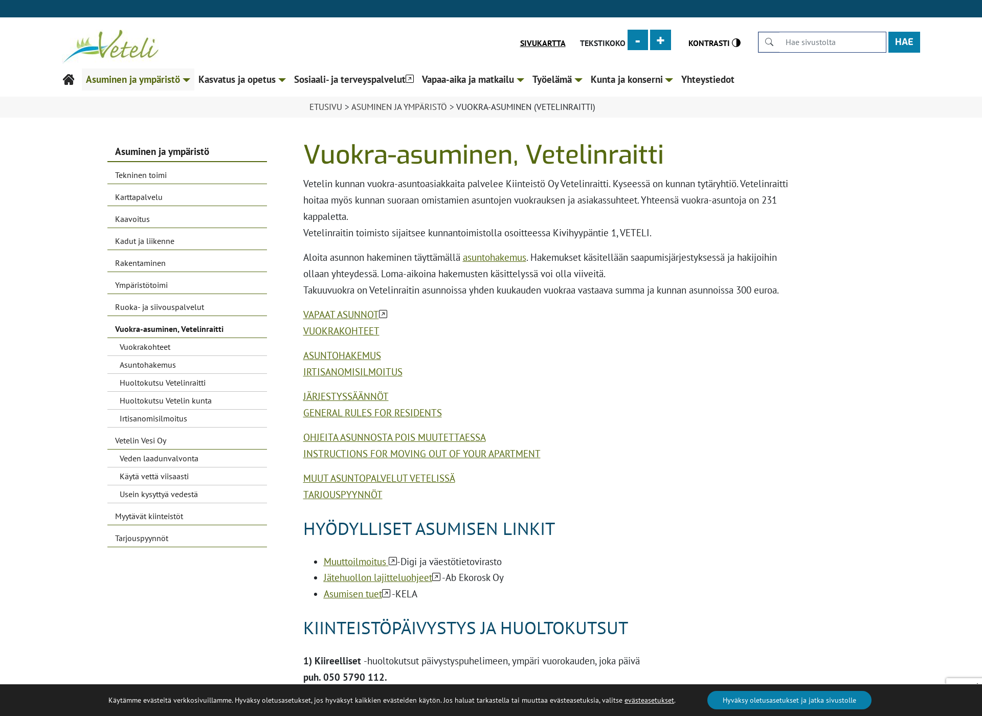 Skärmdump för vetelinraitti.fi