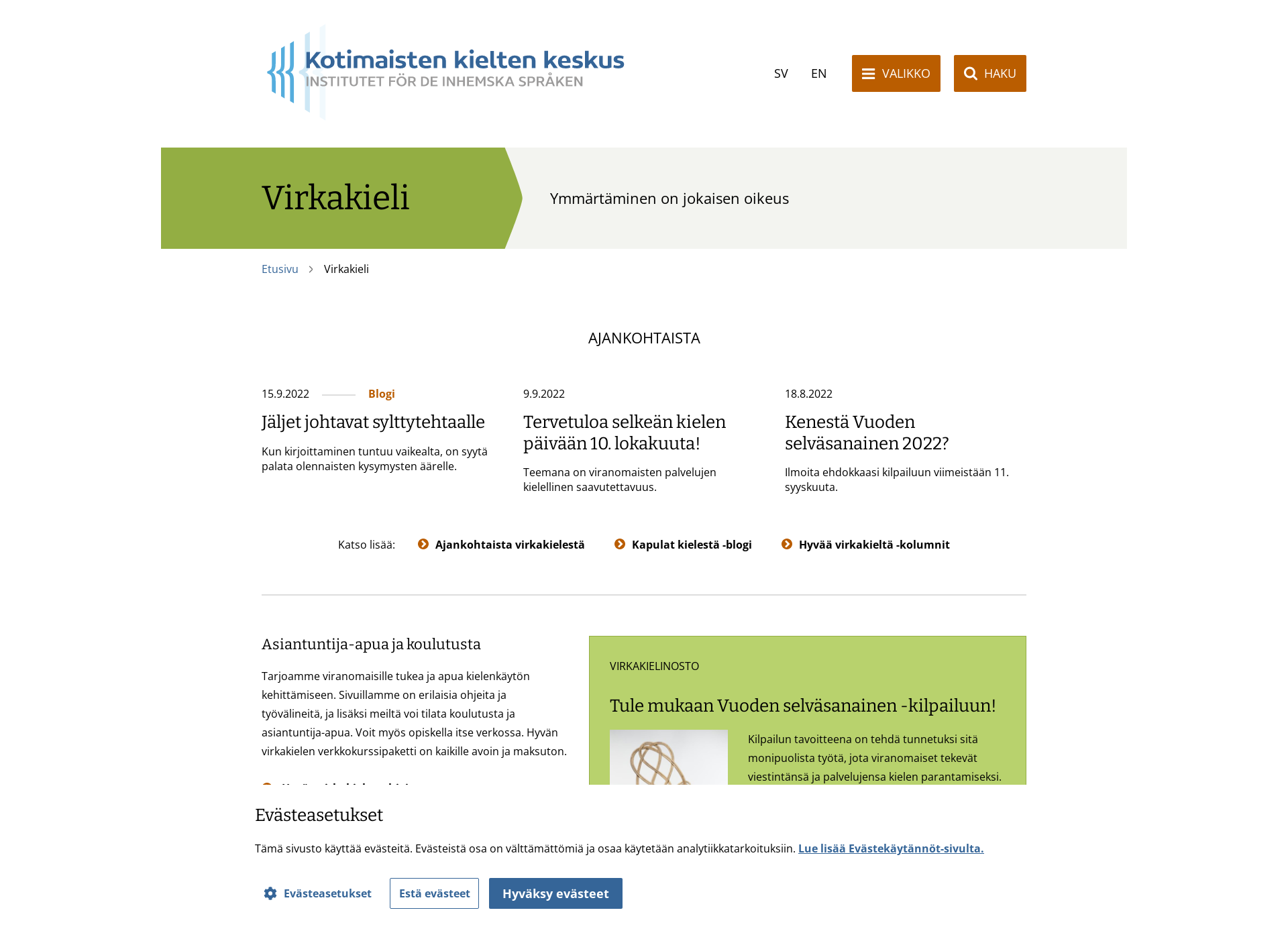 Skärmdump för virkakieli.fi