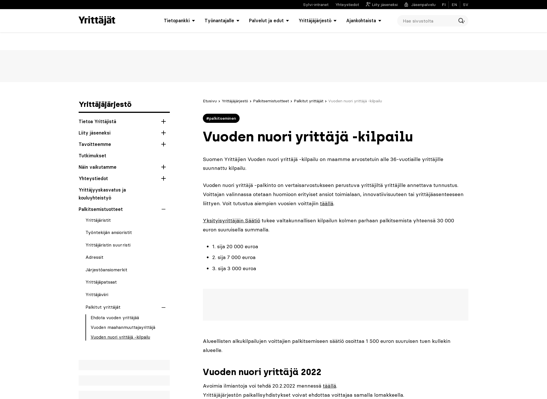 Screenshot for vuodennuoriyrittaja.fi