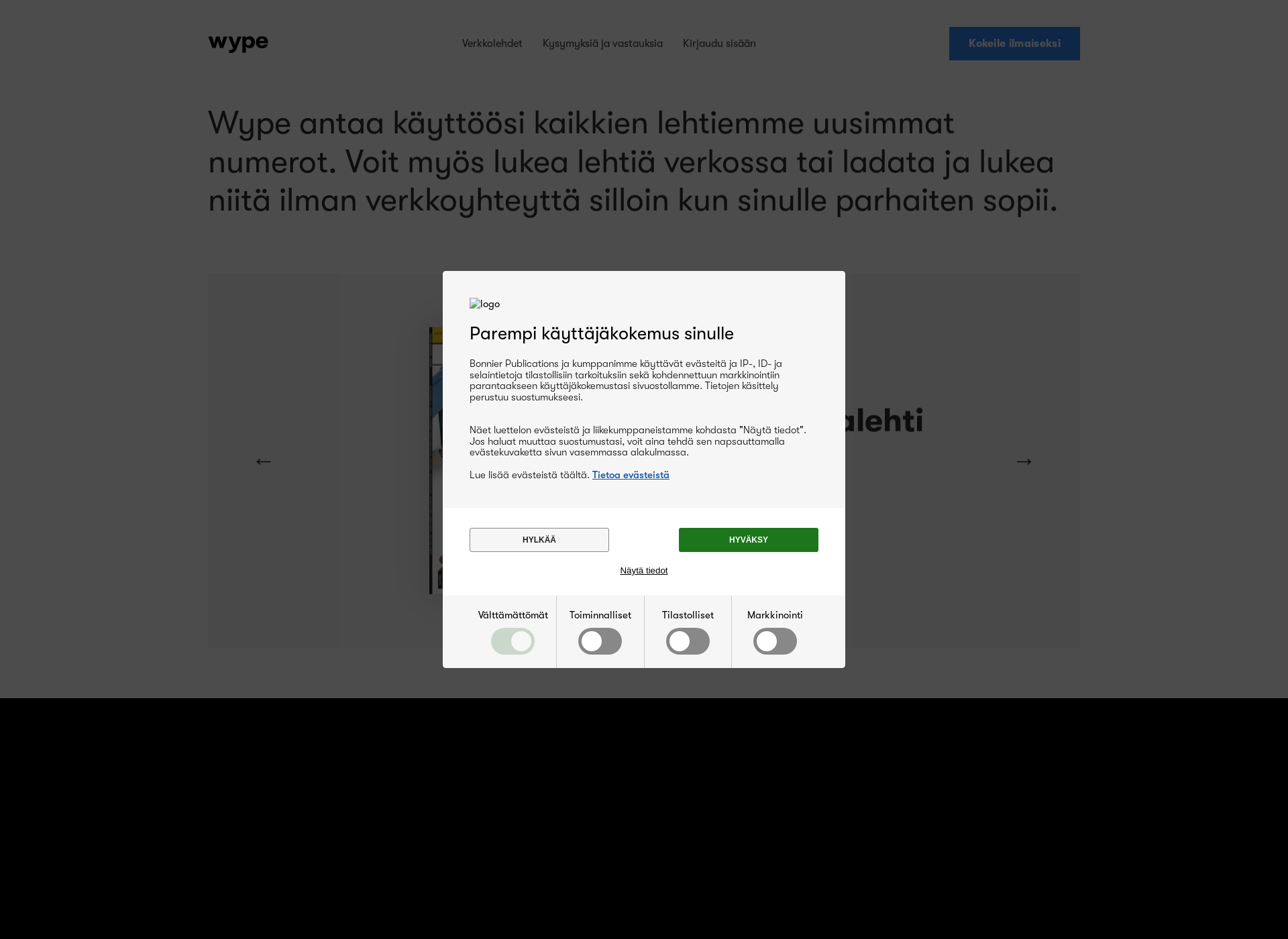 Skärmdump för wype.fi