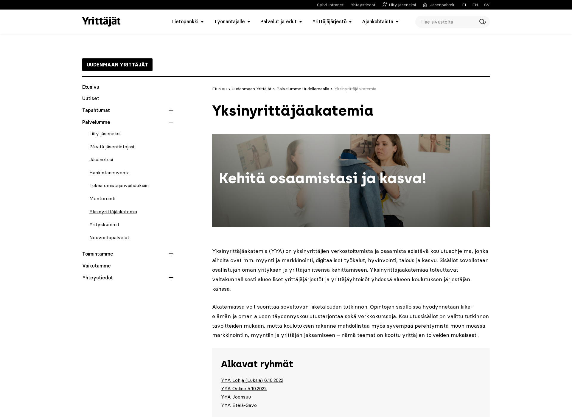 Skärmdump för yksinyrittäjäakatemia.fi