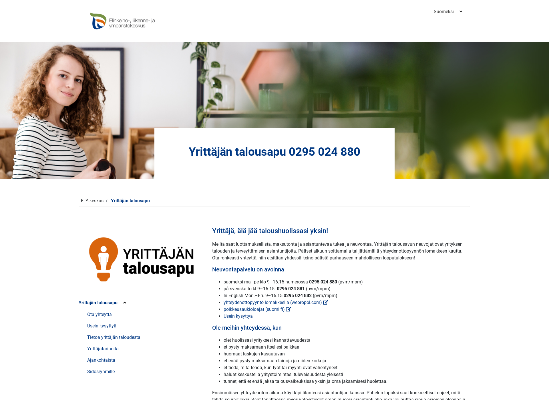 Skärmdump för yrittajantalousapu.fi